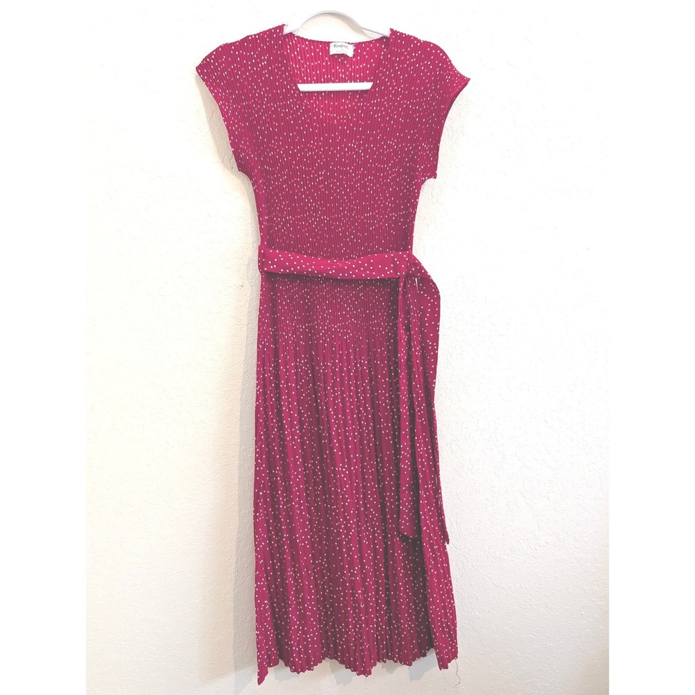 Sophisticated Red Polka Dot Plisse Pleated Midi Dress